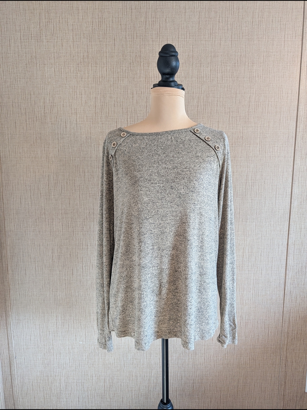 Pink Clover Light Heather Gray Button-Shoulder Pullover With Leather Patch Elbow